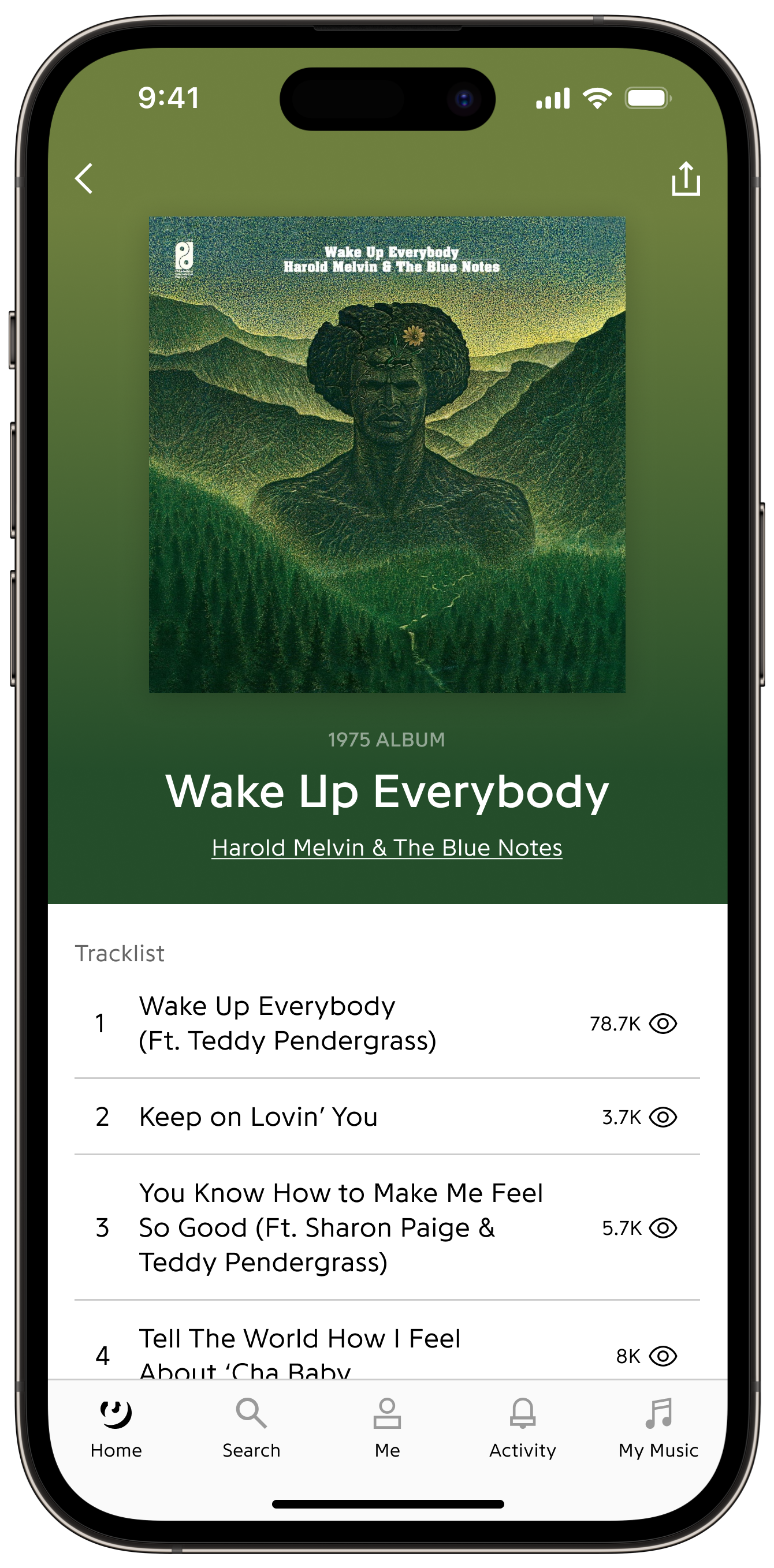 The album 'Wake Up Everybody' by Harold Melvin & The Blue Notes is displayed in the Genius iOS App