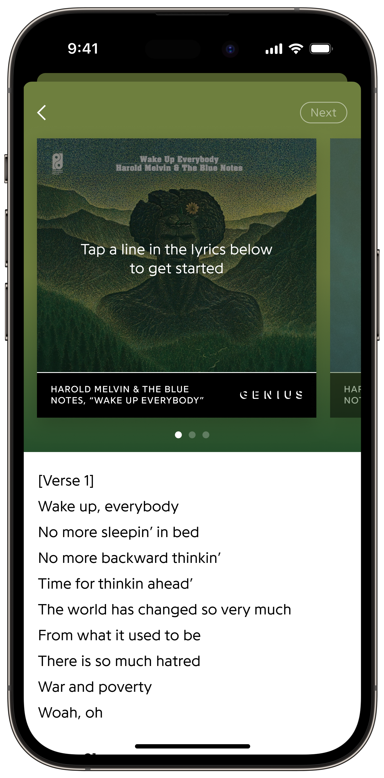 The creation of a Lyric Card that contains an album cover and lyrics is displayed in the Genius iOS App