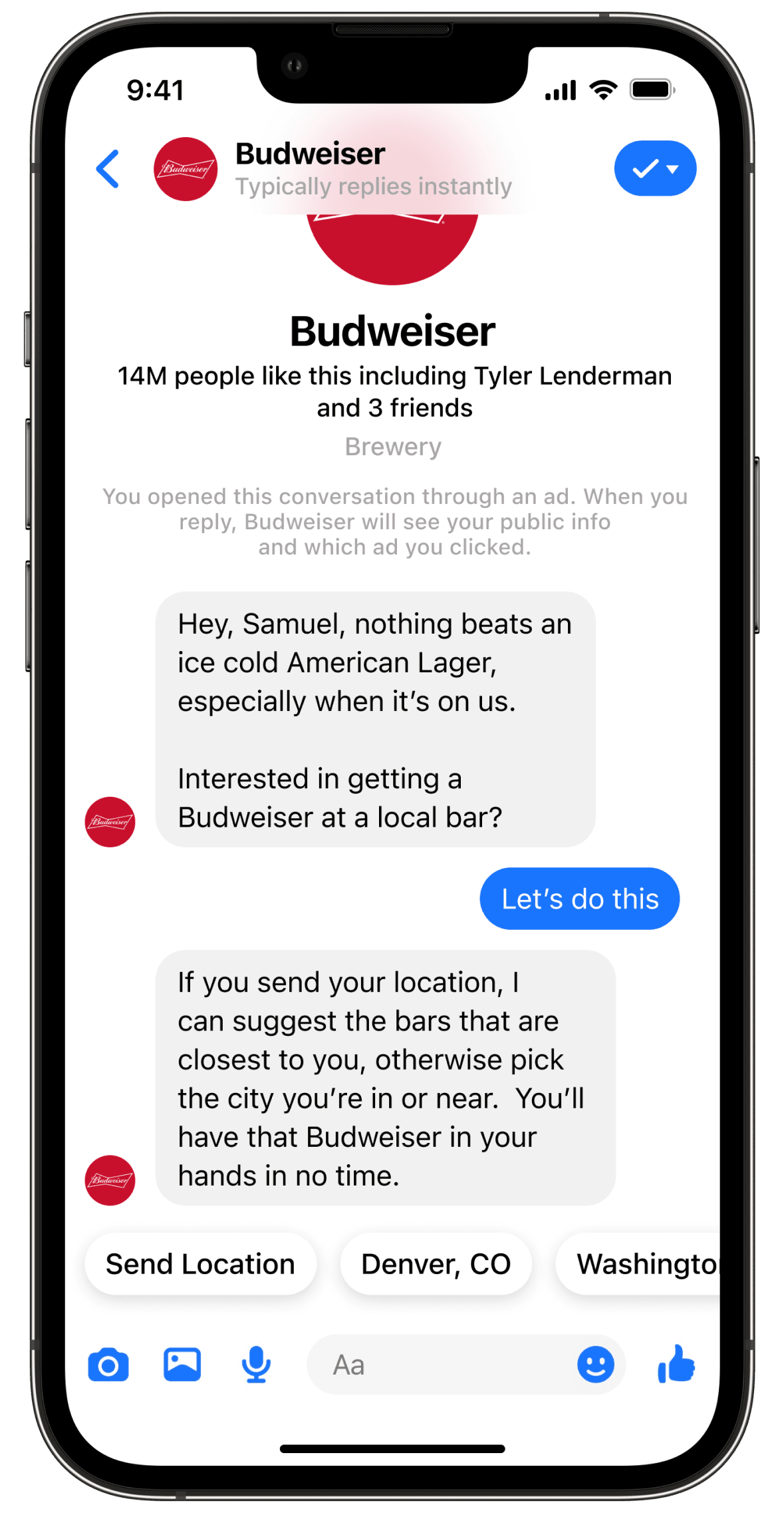 Screenshot of the Budweiser Facebook Messenger Chatbot asking the consumer to select their city