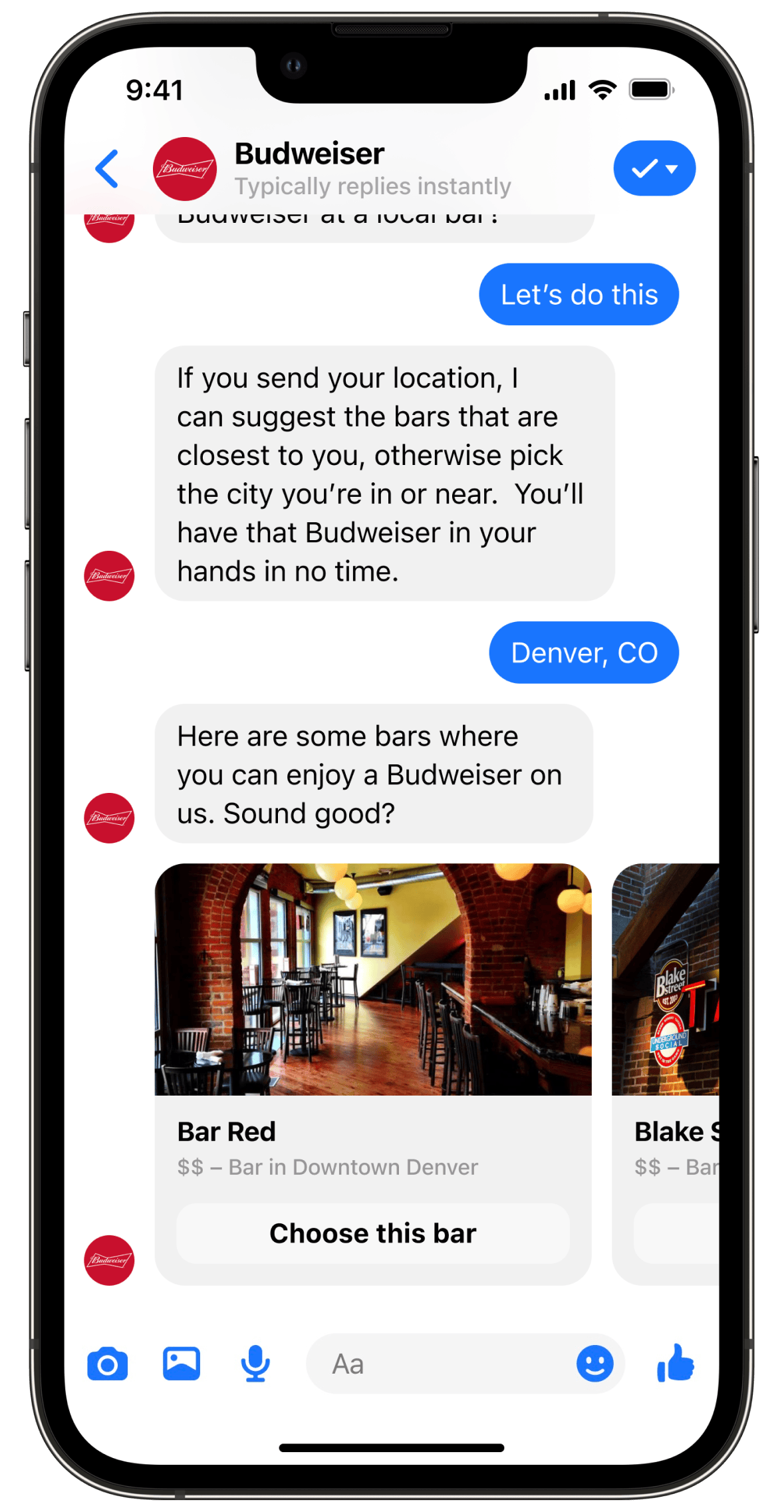 Screenshot of the Budweiser Facebook Messenger Chatbot displaying nearby bars for the consumer to select from