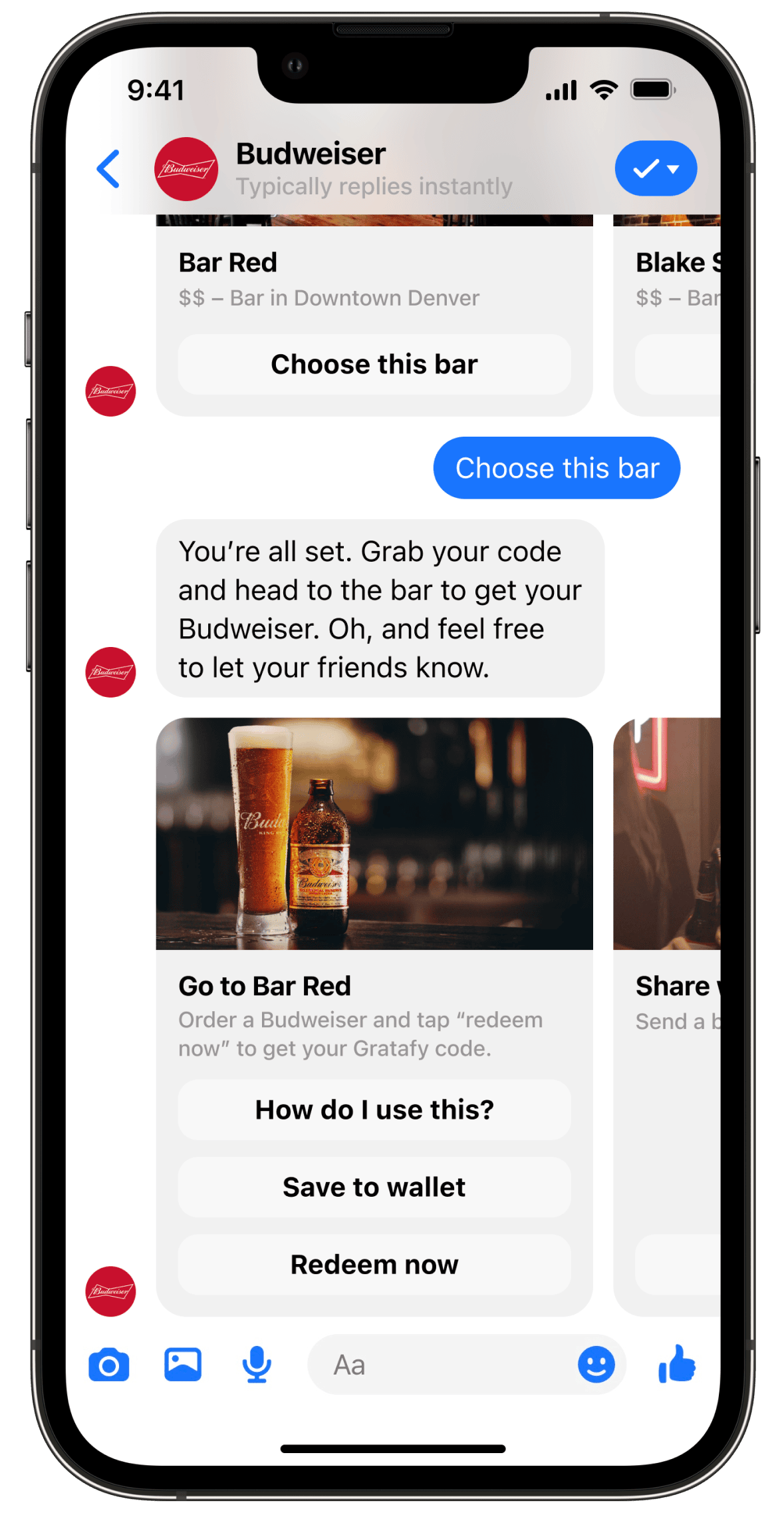 Screenshot of the Budweiser Facebook Messenger Chatbot offering a Gratafy code to redeem their Budweiser