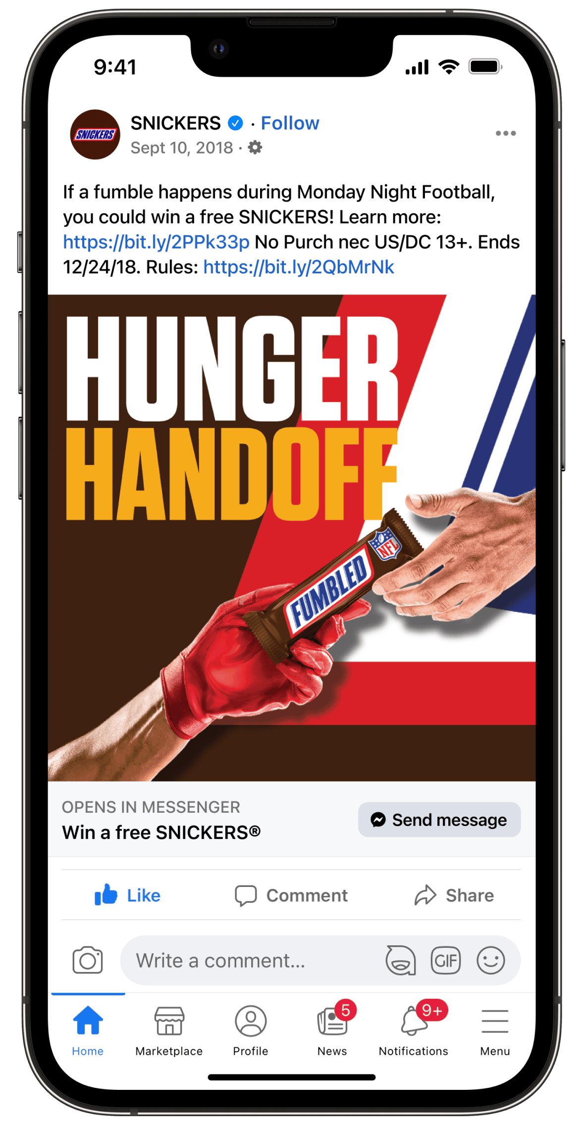 Screenshot of a Facebook post by SNICKERS offering consumers a chance to win a free SNICKERS bar if certain plays happen during Monday Night Football