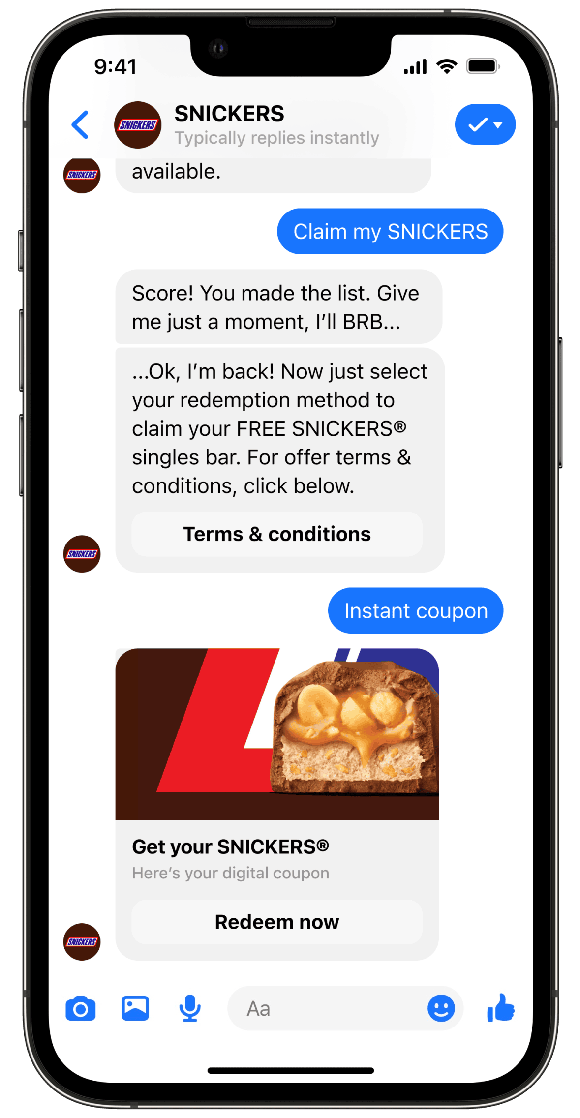 Screenshot of the SNICKERS Facebook Messenger Chatbot giving the consumer an instant coupon to redeem for a free SNICKERS bar